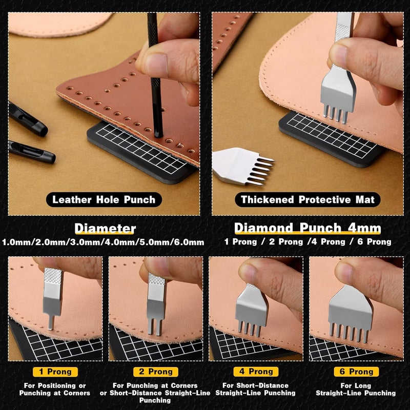 MORFEN Leather Stitching Punch Hole Punch Tool Set, 4mm 1/2/4/6 Prong Punch Chisel, Round Hole Punch for Belt, Watch Band, Leather Strap DIY Crafts - Image 4